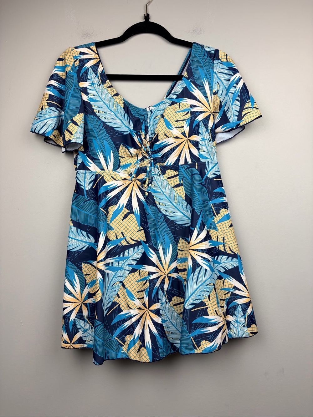 ECUPPER Tropical Swim Dress‎ L Blue Palm Leaf Cover Up One Piece NWT